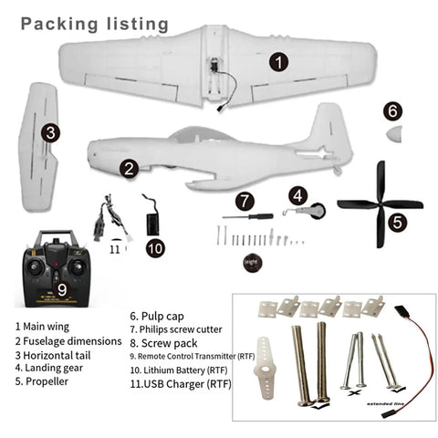 Extra Large 29.5 Inch P51 Mustang Remote Control Combat Aircraft kit components, including wings, fuselage, and controller.