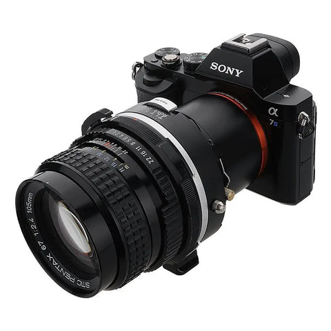 Pro Tilt Shift Lens Mount Adapter For Pentax 6x7 Lenses To Sony E Mount Cameras Infinity Focus Enabled 20mm Total Shift 10 Degrees Tilt 360 Degree Rotation High Precision Build For Professional Shooters mounted on Sony camera with Pentax lens