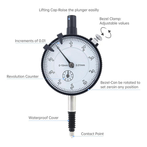 Front view of Pro Grade Metric Dial Indicator 0 To 10 MM With 0.01 MM Increments, Waterproof Cover, Lug Back, Stainless Stem, White Dial