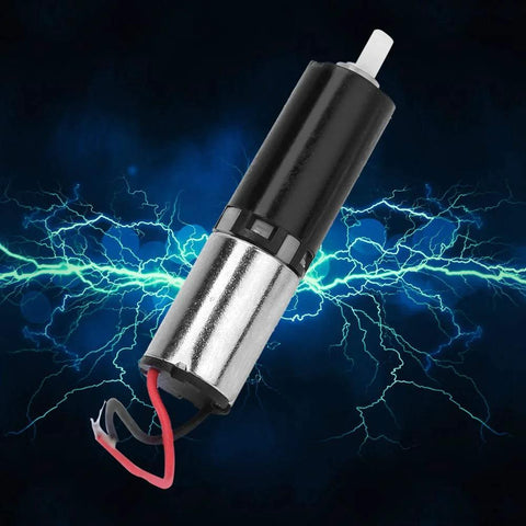 Front view of 6mm mini planetary gear motor with black housing and silver gear can, red/black wires