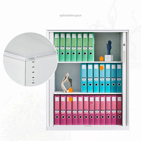 Sliding Door Metal Filing Cabinet With Key Lock, Four Shelves, Home Office Storage filled with colored folders