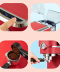 Heavy Hitter 1.1L Semi Automatic Espresso Coffee Maker With 850W Motor And 15 Bar Pressure showing controls, water filling, and coffee preparation.