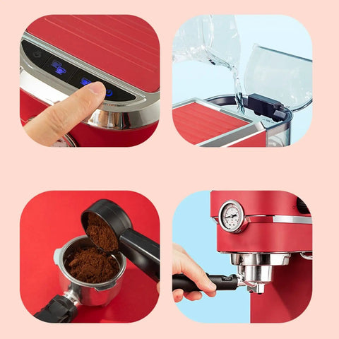 Heavy Hitter 1.1L Semi Automatic Espresso Coffee Maker With 850W Motor And 15 Bar Pressure showing controls, water filling, and coffee preparation.