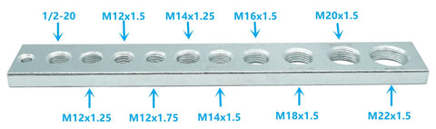 Beast Bolt Thread Checker Gauge For Metric Threads M12x1.25 to M22x1.5 and Oil Drain Plug Half Twenty, showing threaded holes.