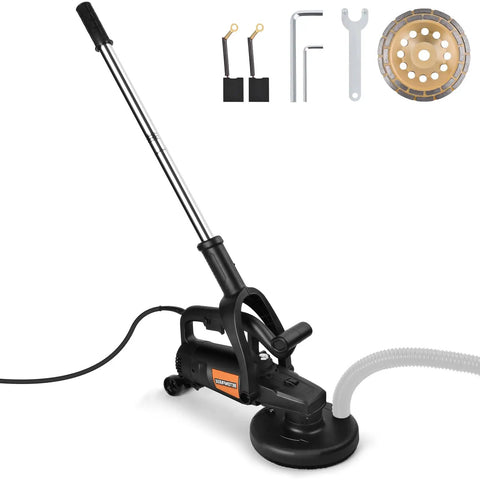 7 Inch Concrete Grinder Set With Extendable Rod, 3800W Floor Polisher With Dust Extraction Shroud, 6 Gear Speeds, 6000 RPM Concrete Surface Planer For Grinding Concrete Cement Marble, front view showing polishing disc and accessories.