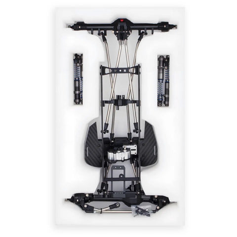 Top view of High Clearance LCG RC Crawler Chassis Kit With Carbon Fiber Rails, Portal Axles, and adjustable 70-100mm shocks