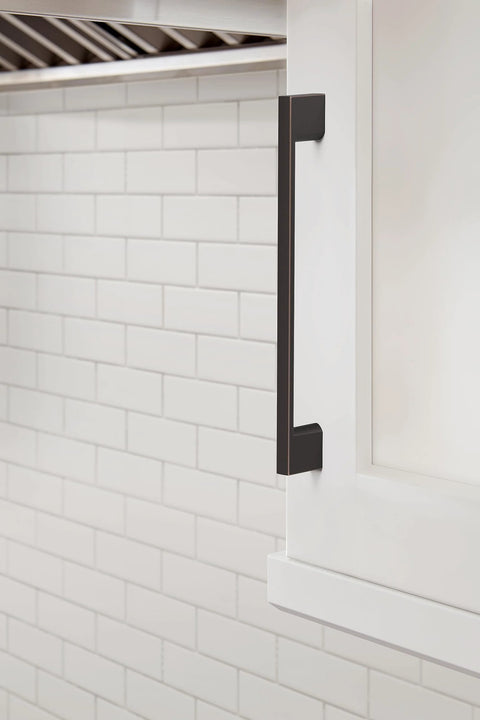 Oil Rubbed Bronze Cabinet Pull Six And Five Sixteenths Inch Center To Center Seven And Three Eighths Inch Overall Length on white cabinet