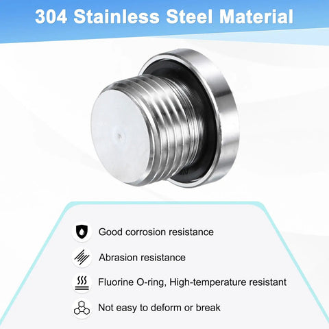 Close-up of Two Pack Half Inch NPT Stainless Steel Inner Hex Plug With Sealing Ring For Terminating Pipe Ends And Replacement Drains Heavy Duty 304 Socket Bung Plug Set Kit, showing corrosion resistance