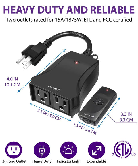 Outdoor Wireless Remote Control Outlet With Two Plugs, Battery Powered Remote, No Wiring Required, Control Indoor Or Outdoor Lights