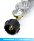 Close-up of propane regulator with gauge and black knob; brass gauge, silver body, QCC1 inlet.