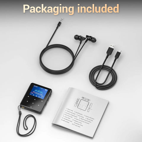 64GB Bluetooth 5.3 MP3 Player With Hi Fi Lossless Sound, Pocket Size For Running And Workouts, Built In Speaker shown with accessories
