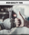 A gloved hand holding a wrench from the Pro Grade 32-Piece Combination Wrench Set SAE And Metric; another hand gives a thumbs up.