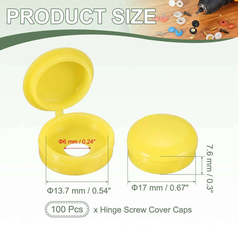 Top Tier Hinged Screw Cover Caps With Slick Plastic Snap Design For Hassle Free Furniture Cabinet Window And Railing Setup Includes One Hundred Bright Yellow Six Millimeter Foldable Screw Hole Plugs For Totally Solid Fit, showing size dimensions.