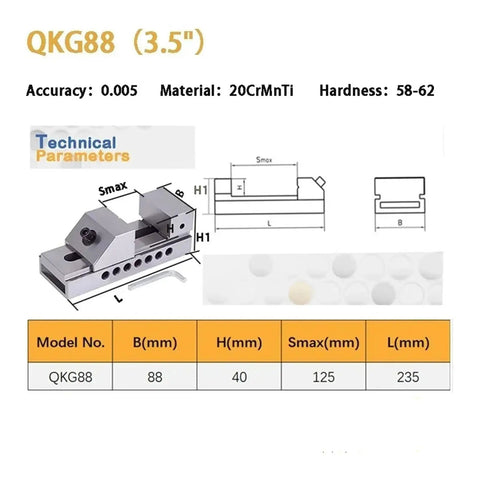High Precision CNC Router Vise Clamp Fixture For Surface Grinding Milling And EDM Quick Adjust Jaw Width Sturdy Tool Maker Vise Fits QKG88 100 125 model diagram, 88mm