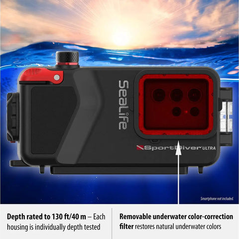 SportDiver Ultra Underwater Smartphone Housing for Scuba Diving with red color-correction filter, rated to 130 feet.