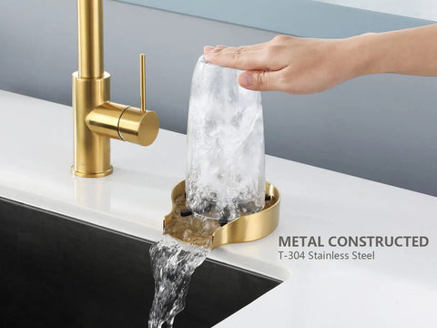 Brushed Gold Metal Glass Rinser for Kitchen and Bar Sinks in action, heavy duty T304 stainless steel and brass construction, flushing glass