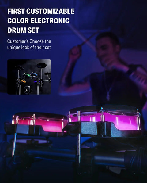 Man drumming on electric drum set with lights, customizable pad colors visible, highlighting Electric Drum Set With Lights And 7 Inch Touchscreen 1126 Sounds Customizable Pad Colors Internal Rack Wiring BackBeat Gaming App Advanced Electronic Drum Kit For Practice And Live Jams.