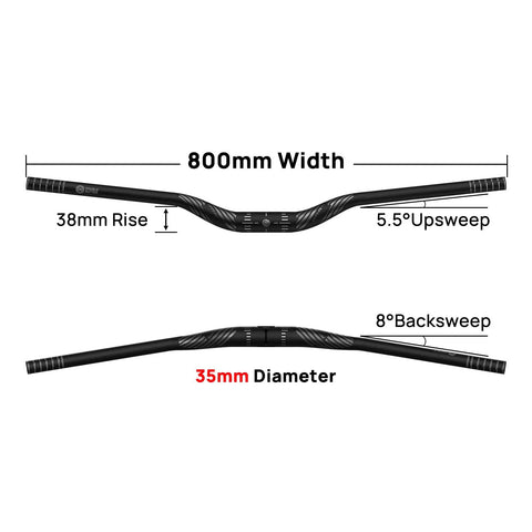Aluminum Mountain Bike Riser Handlebar 35mm Clamp 800mm Wide 38mm Rise 6061 Alloy Double Butted Hard Anodized CNC Bend Lightweight MTB Bar