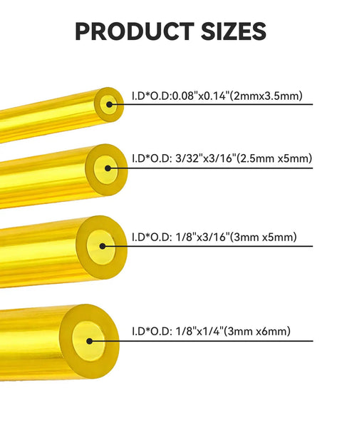 4 Sizes 4 Feet Fuel Line Hose Kit For Zama Stihl Homelite Poulan Craftsman Husqvarna showing four yellow hoses with size labels