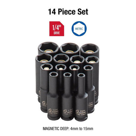One Quarter Inch Drive Deep Magnetic Impact Socket Set 14 Piece Metric Cr Mo Alloy Steel With Deep Radius Corner Design