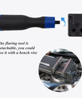 Brake line flaring tool kit with 3/16 in and 1/4 in dies; black handle with blue end, shown with bench vise.