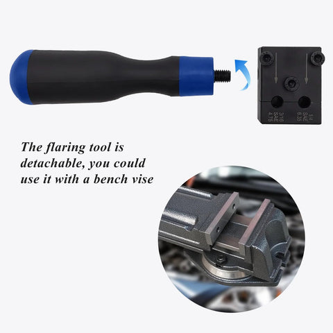 Brake line flaring tool kit with 3/16 in and 1/4 in dies; black handle with blue end, shown with bench vise.