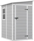 5x4 Ft Outdoor Resin Storage Shed With Floor And Lockable Window Door, Weatherproof Light Gray in garden setting