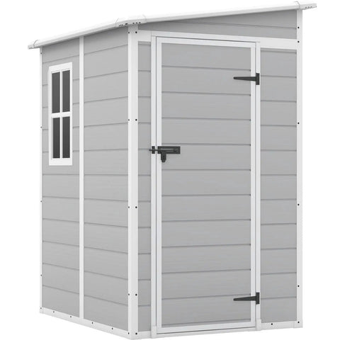 5x4 Ft Outdoor Resin Storage Shed With Floor And Lockable Window Door, Weatherproof Light Gray in garden setting