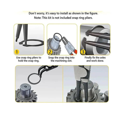 Installation steps for 225Pcs Circlips Snap Ring Set With 18 Sizes 6 To 32mm External Retaining Rings Kit using snap ring pliers