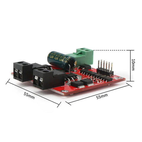 Beefed Up Dual DC Motor Driver With PWM Speed Control L298 H Bridge board on white background, showing dimensions as 55x55x10mm.