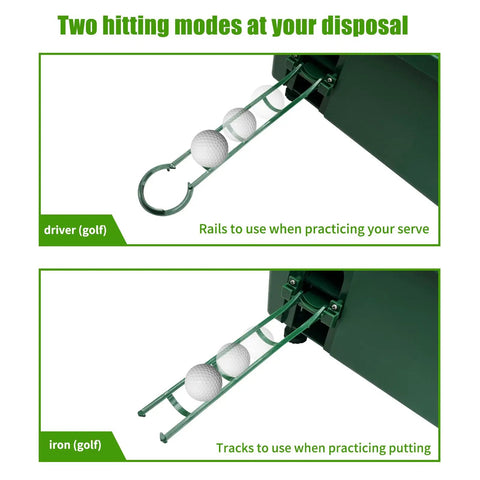 Automatic Golf Tee Machine With Ball Dispenser For Indoor Simulators And Outdoor Ranges, showing hitting modes with green rails.