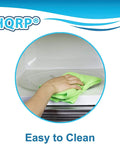 Person cleaning a 12-3/8 Inch Glass Microwave Turntable Tray Replacement Fits GE General Electric Hamilton Beach Frigidaire Emerson Oster Magic Chef Panasonic Ovens 315mm 12.375 Inch Plate for Even Cooking and Easy Cleanup with a green cloth.