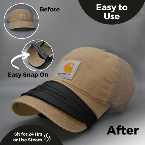 Cap Hat Curve Tool With Snap On Brim Bender Over Nine Curve Settings, showing use on beige cap before and after shaping