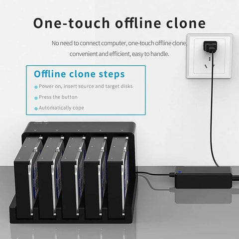 No Sweat Tool Free USB 3.0 HDD Docking Station For SATA Hard Drives Up To 50TB shown with multiple drives connected for offline cloning.