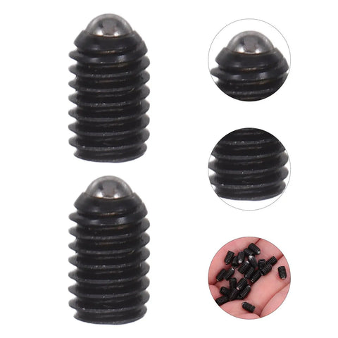 Premium M4x6 Spring Ball Plunger Screws 50 Pack Stainless Steel Hex Socket with black finish and rounded top, ideal for precision assembly.