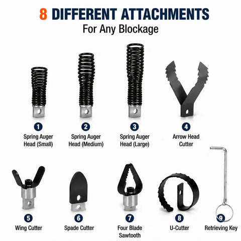 8 different Heavy Duty Steel Drain Auger Bits And Cable Replacement Heads For Plumbers including spring heads and cutters.