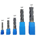 Five carbide square-end mills in blue holders; sizes 1/4, 3/8, 1/2, 5/8, 3/4 in; AlTiN coated, 4-flute, single-end