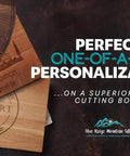 Two wooden cutting boards with personalized laser engraving on natural wood; Blue Ridge Mountain Gifts logo visible.