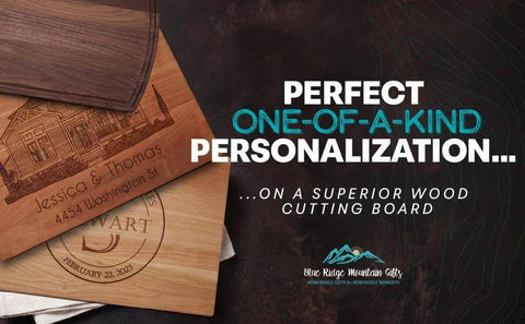 Two wooden cutting boards with personalized laser engraving on natural wood; Blue Ridge Mountain Gifts logo visible.