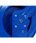 Close-up of blue steel base of Retractable Welding Hose Reel With One Quarter Inch By 50 Foot Twin Oxygen Acetylene Hoses Heavy Duty