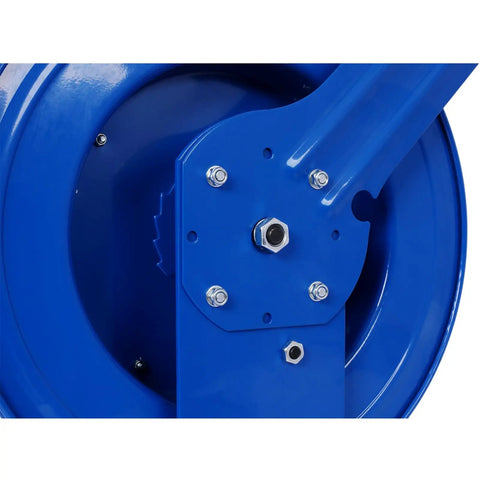 Close-up of blue steel base of Retractable Welding Hose Reel With One Quarter Inch By 50 Foot Twin Oxygen Acetylene Hoses Heavy Duty