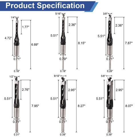 Devvicoo 6-piece square-hole mortise drill bit set for mortise and tenon machine, bearing steel; sizes 1/4–5/8 inch, front