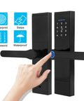 Rugged Keyless Entry Smart Door Lock With Fingerprint IC Card Password And App Control, shown in black with numeric keypad.