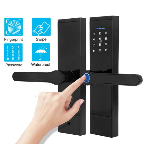 Rugged Keyless Entry Smart Door Lock With Fingerprint IC Card Password And App Control, shown in black with numeric keypad.