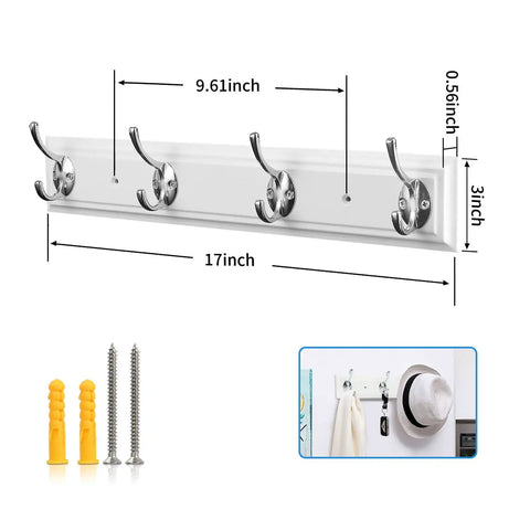 White Wall Mounted Coat Rack With Four Heavy Duty Hooks 17 Inch Wooden Modern Hanger For Coats Keys Bags And More