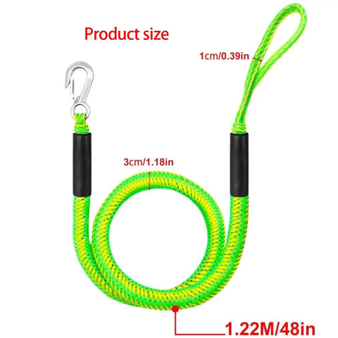 Elastic Dock Line With Metal Hook And Loop Ends 48 Inches for kayak mooring, green bungee braided design with size measurements