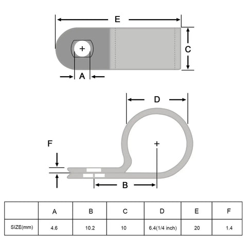 Technical diagram of R Type Cable Clips Set 50 Pack Nylon Wire Clamps No Fuss Quick Install With Screws For Snug Cable Management showing measurements.