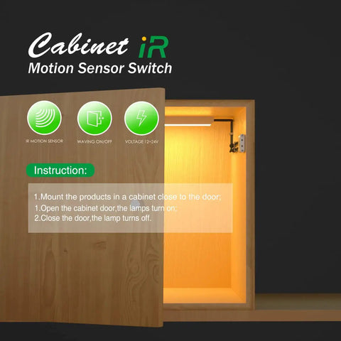 Smart Auto On Off Cabinet Light Sensor Switch For 12V 24V DC LED Lights IR Switch installed in an open cabinet showing LED light on.