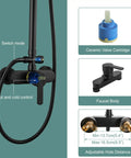 Matte Black Exposed Pipe Shower System With 8 Inch Rain Shower Head And Brass Fixture close-up with handle and ceramic valve