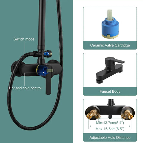 Matte Black Exposed Pipe Shower System With 8 Inch Rain Shower Head And Brass Fixture close-up with handle and ceramic valve